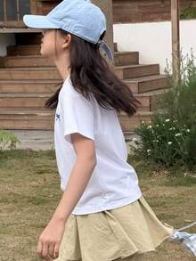 DAZY Camiseta de manga corta casual con cuello redondo y bordado de lazo para niñas preadolescentes - Blanco - Ver 7