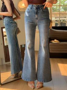 DAZY Quần jeans ống loe cạp thường dành cho nữ, kiểu dáng thanh lịch, gợi cảm, thích hợp cho mùa hè. - Rửa trung bình - Xem 4
