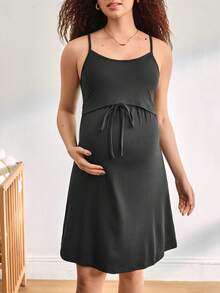 Moonlight&Mama 舒适休闲家居服，抽绳设计，哺乳款，柔软时尚A字裙，细肩带，可外穿，孕妇睡衣连衣裙 - 黑色 - 查看 6