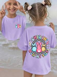 女孩复活节休闲图案T恤，休闲百搭短袖T恤，饰有兔子、格子和闪电卡通印花，夏季款 - 淡紫色 - 查看 1