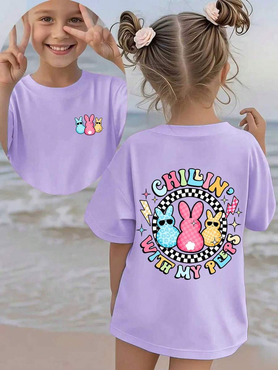 女孩复活节休闲图案T恤，休闲百搭短袖T恤，饰有兔子、格子和闪电卡通印花，夏季款 - 淡紫色 - 查看 1