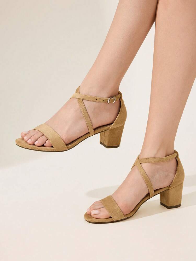 CUCCOO CHICEST Women's Elegant Commuting Fashion Sandals, New Spring/Summer Hollow-Out Criss-Cross Strap Square Toe Chunky Heel, Khaki Faux Suede, Versatile For Workplace Elegant Shoes Wedding Shoes