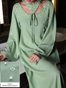 Al Najma Women's Elegant V-Neck Tie-Waist Long Sleeve Pearl Decor Mint Green 2 In 1 Slim Dress - Mint Green - View 2
