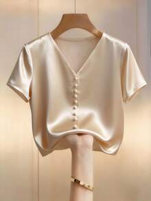 Franclia Áo kiểu nữ Pháp thanh lịch, chất liệu satin màu sâm panh, cổ tròn, tay cánh dơi. Hoàn hảo cho mùa hè, kỳ nghỉ và trang phục thường ngày. Lý tưởng cho Ngày Valentine, lễ hội và các dịp lễ khác. - Rượu sâm banh - Xem 1