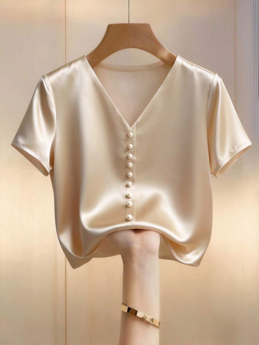 Franclia Áo kiểu nữ Pháp thanh lịch, chất liệu satin màu sâm panh, cổ tròn, tay cánh dơi. Hoàn hảo cho mùa hè, kỳ nghỉ và trang phục thường ngày. Lý tưởng cho Ngày Valentine, lễ hội và các dịp lễ khác. - Rượu sâm banh - Xem 1