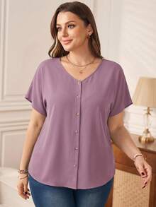 Rosumi 大码女式橙色纽扣缀饰短袖衬衫，适合春季 - 淺灰紫 - 查看 1