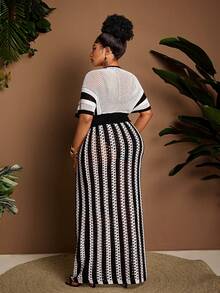 Maweii 女士休闲优雅通勤街头风V领黑白条纹系带短款开衫和高腰长直筒半身针织套装，大码可选，春夏款 - 黑與白 - 查看 3