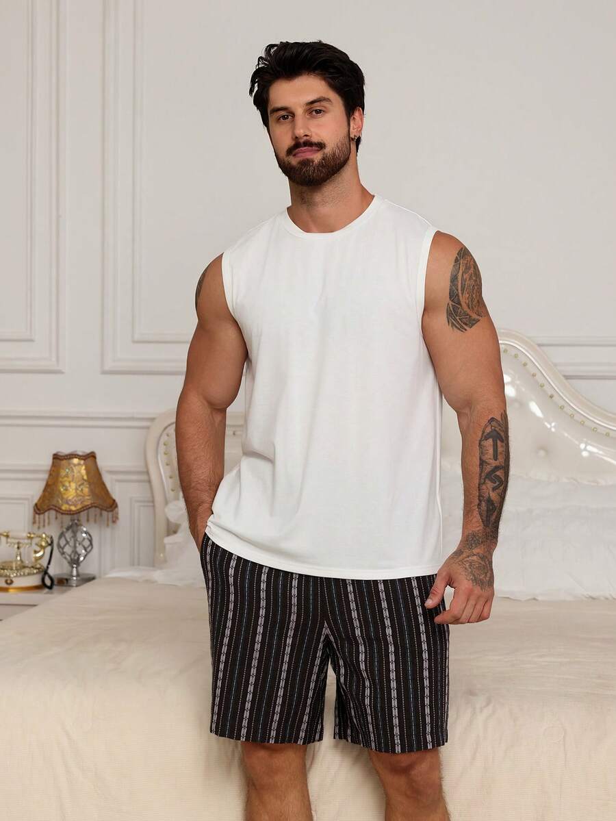 DAZY Men's Summer Casual Solid Color Tank Top And Striped Shorts Loungewear Set Pajamas - Multicolor - View 1