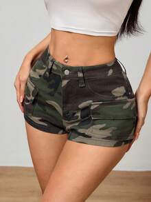 SHEIN PETITE PETITE 春夏女士迷彩印花度假休闲性感Y2K口袋休闲百搭牛仔短裤 - 軍綠色 - 查看 7