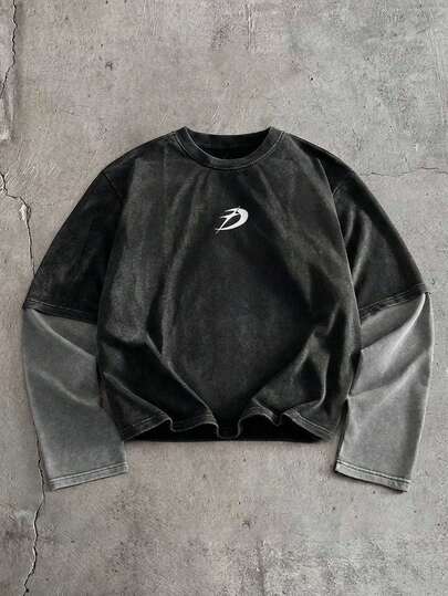 AXEPEAK 男士休闲时尚街头复古美式风格二合一长袖T恤，春秋季