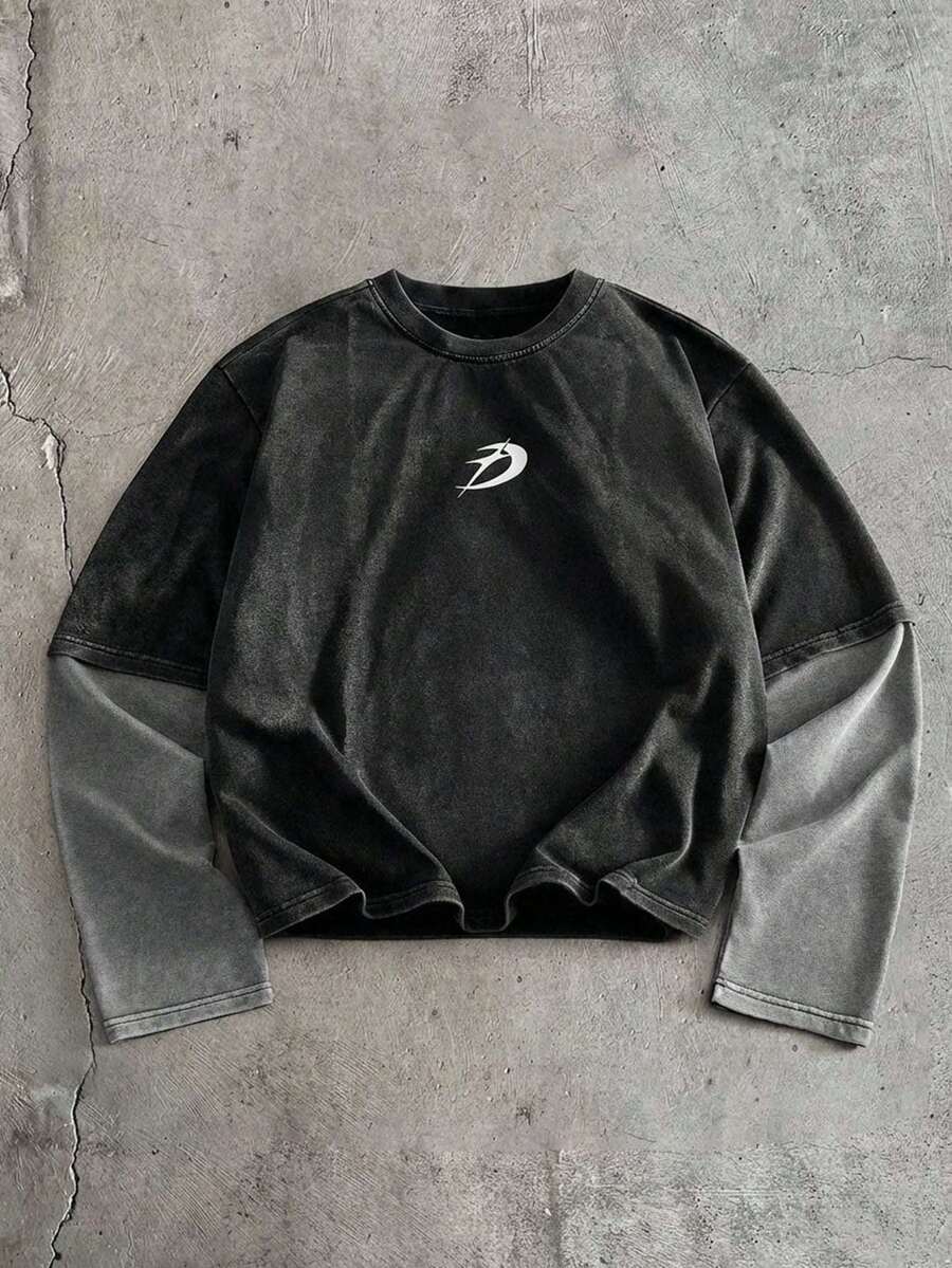 AXEPEAK 男士休闲时尚街头复古美式风格二合一长袖T恤，春秋季 - 黑色 - 查看 1