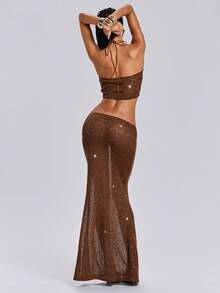 ROMWE 度假风亮片海星图案性感露背系带紧身两件套女装 - 棕色 - 查看 2