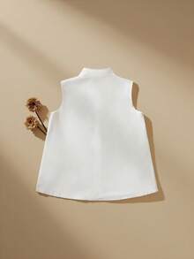SHEIN 适合少女的无袖3D立体提花花卉衬衫，休闲优雅的夏季上衣，白色女童衬衫，儿童衬衫，春季女童无袖白色衬衫，儿童白色衬衫，优雅女童衬衫，夏季女式衬衫，夏季女式衬衫，儿童衬衫 - 白色 - 查看 2