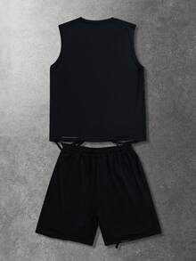 ROMWE MEN Street Life Men's Graphic Tank Top And Shorts Set, American Street Style Portrait & Text Print, Distressed - Black - View 2