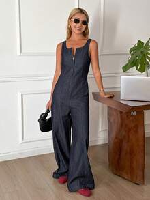 DAZY Women's Casual Denim Bib Overalls With Deep U-Neck Sleeveless Design - Dark Wash - View 3
