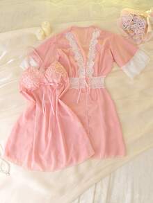 性感吊带睡裙睡袍两件套女士睡衣套装 - 粉色 - 查看 6