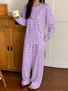 DAZY 2件套可爱小熊波点宽松长袖T恤和长裤睡衣套装，春季女装 - 淡紫色 - 查看 4