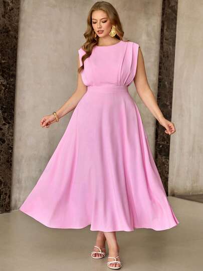 Roveilla Plus Size Women's Solid Color High Neck Sleeveless Pleated Shoulder Ruched Waist Adjustable Flared Hem Maxi Dress, Elegant French Retro Romantic Minimalist, Suitable For Office, Commute, Business, Casual, Beach, Daily, Date, Wedding, Spring/Summer Pink Dress Pink Summer Dress Summer Elegant Dress Pink Elegant Dress Women Elegant Dress