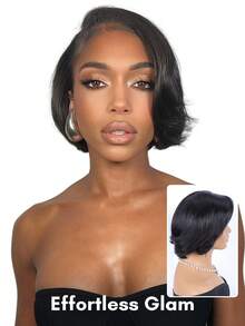 ALL READY WIG 4x4 Pre Cut Glueless Pre-Plucked Fashionable Hairstyles Wave Lace Closure Bob Wig Human Hair 8-10 Inch Short Hair 180% Density For Women Boss Lady Vibe C Part Natural Black Pre-Plucked Hairline Wig - SNatural - View 2