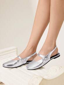 CUCCOO CHICEST Women's Flat Sandals, Silver Texture PU Material, Buckle Round Toe Flat Bottom Slippers, Silver Mary Jane Flat Sandals, Elegant Women's Flat Shoes, Light, Comfortable And Versatile, Casual, Suitable For Daily Commuting/Festival Thanksgiving/Prom Party/Outerwear Women's Shoes Wedding Shoes - Silver - View 6