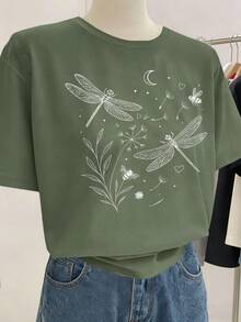 Lalippa Camiseta de mujer de cuello redondo con estampado de libélula, de hombros caídos, informal, para verano - Verde Oliva - Ver 3