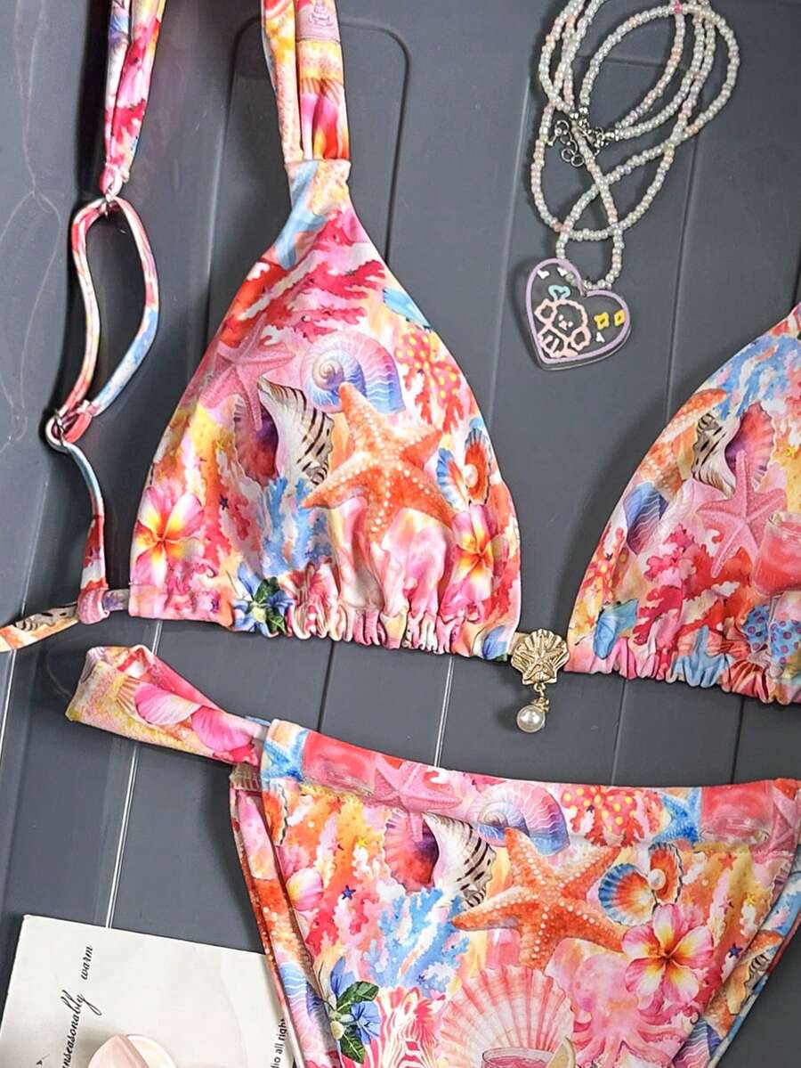 Swim Mod 两件套，春夏海滩度假随机海星和仿珍珠印花配饰，加厚肩带挂脖三角杯文胸和比基尼泳裤，性感女士泳装 - 彩色 - 查看 1