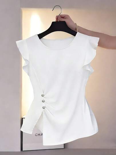 SHEIN LUNE Women's New Elegant Blouse Casual Top, Fashion Asymmetric Hem Round Neck Ruffle Sleeve, Suitable For Holiday, Commute, Valentine's Day, Carnival, Beach, Summer Vacation, White Shirt