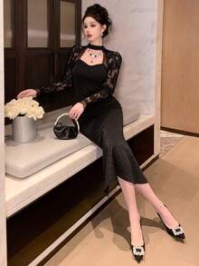 Joudiya 春夏黑色亮片闪亮镂空蕾丝网拼接性感夜店音乐节情人节婚礼派对宴会礼服优雅修身鱼尾长袖连衣裙 - 黑色 - 查看 6