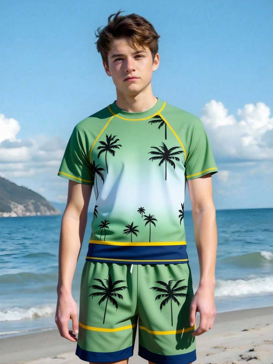 2件套青少年男童椰子树印花泳装套装，兄弟姐妹配套服装（单独出售）