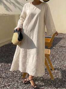 Dazy Plus Vestido casual largo y elegante de encaje con cuello redondo - Albaricoque - Ver 5