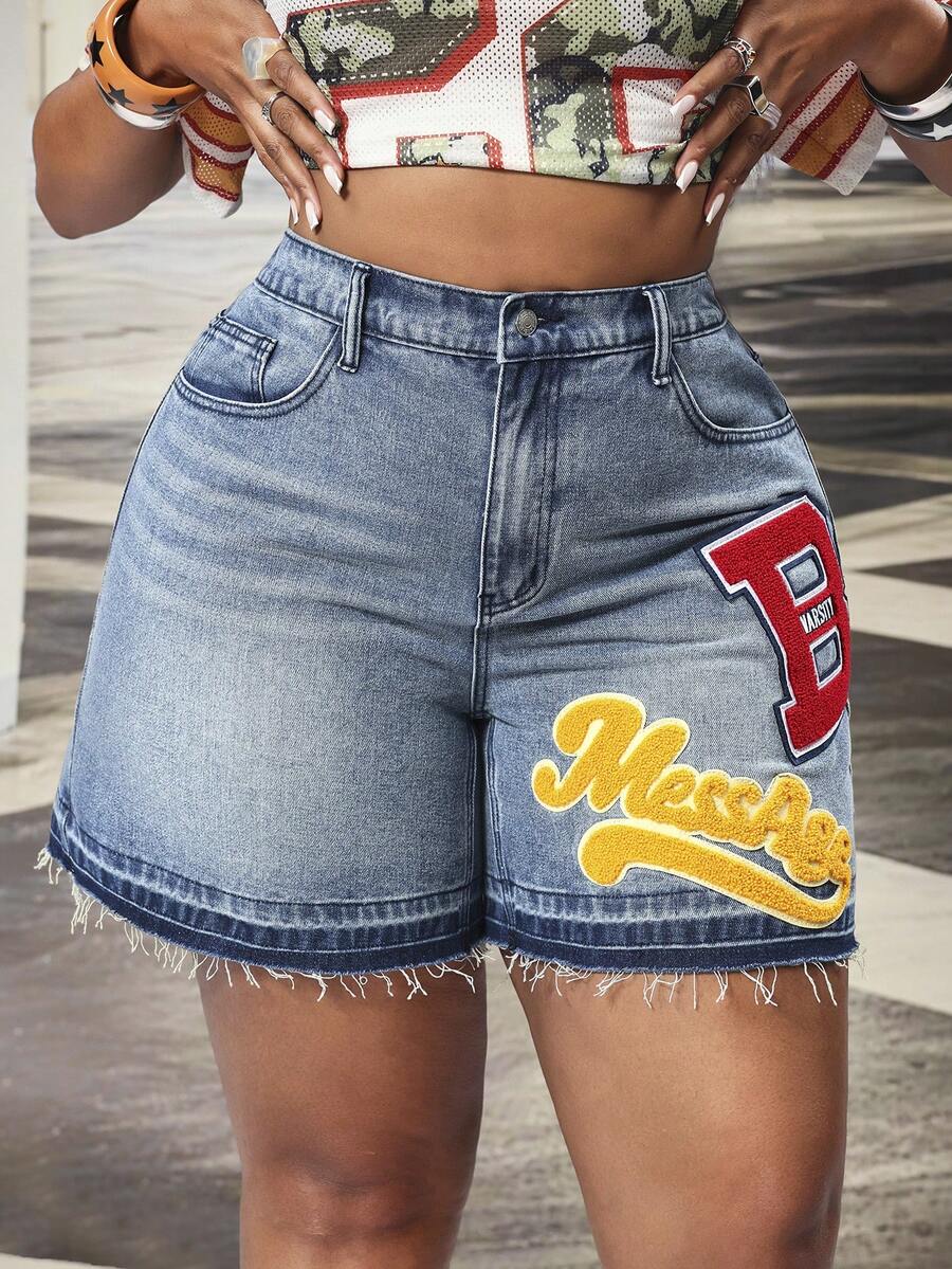 Slaydiva Quần short denim không co giãn dành cho nữ cỡ lớn, kiểu dáng retro Mỹ, họa tiết thêu chữ nhiều màu sắc, ống quần thẳng. - Rửa trung bình - Xem 1