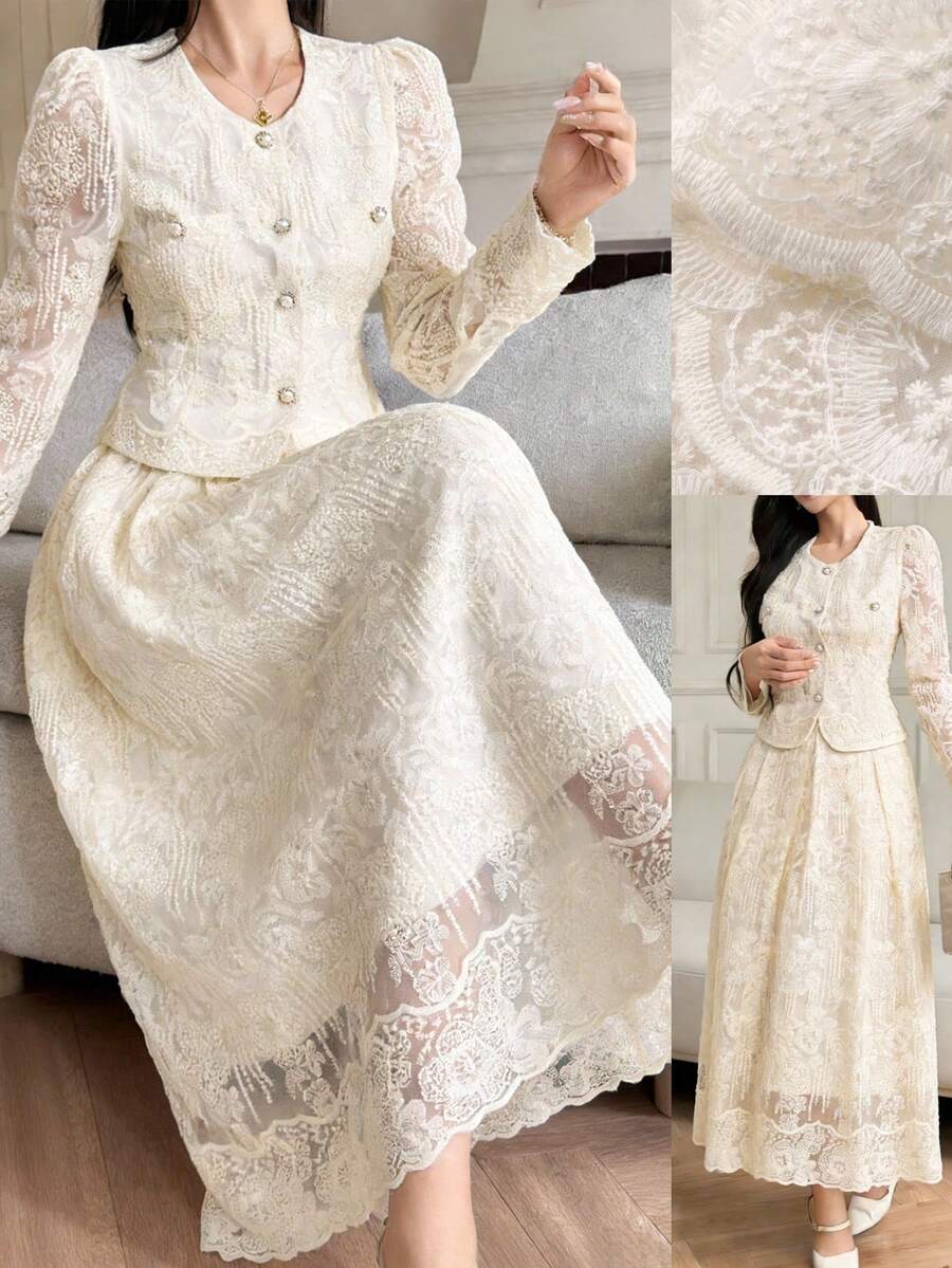 DAZY Women's Elegant Lace Round Neck Pocket Petal Sleeve Blouse And A-Line Skirt 2-Piece Set, Spring/Summer - Apricot - View 1