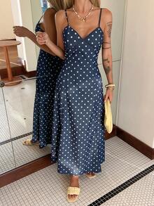 Women's Polka Dot Strap Dress, Elegant Denim Dress For Summer - Dark Wash - View 4