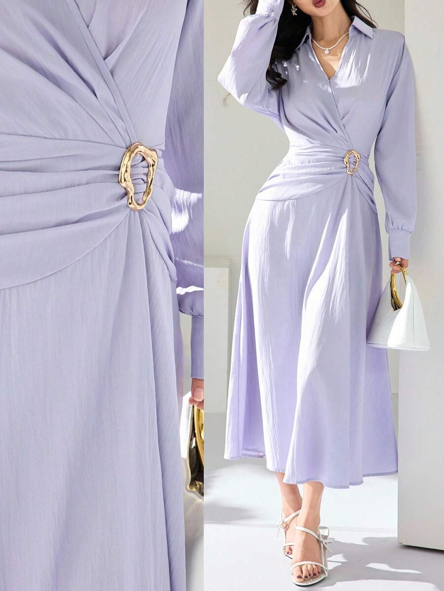 Heiryn 女士纯色翻领长袖腰部褶皱金属装饰休闲办公中长连衣裙 - 淡紫色 - 查看 1