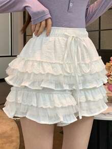 DAZY Quần short nữ màu trơn ngọt ngào, có bèo nhún ở gấu và dây rút ở eo, thích hợp cho mùa hè. - trắng - Xem 5