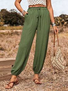 SHEIN LilyWest 女士纯色假日纹理抽绳裤，适合度假、夏季、优雅海滩、波西米亚休闲风格 - 軍綠色 - 查看 5