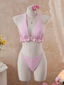 Swim Mod Conjunto de bikini con volantes y top halter para vacaciones de verano en la playa, con pareo y falda - Rosa - Ver 11