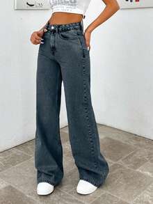 HIGH WAIST WIDE LEG LONG HEM PETITE JEAN - Dusty Blue - View 7