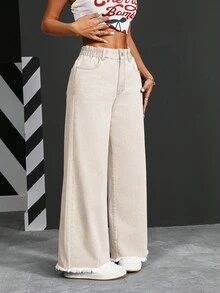 SHEIN Tall Women's Pocketed Wide Leg Loose Casual Distressed Jeans - Beige - View 7