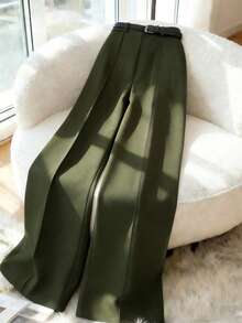 Elenzga 2026 New Retro Military Green Commuting & Casual Fashion Wide Leg Pants, High Waist Draping Loose Straight Leg Trousers, Versatile For Women In Spring & Autumn - Army Green - View 7