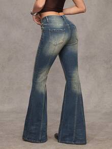 Jeanoix Quần jeans ống loe bạc màu kiểu Y2K dành cho nữ - Rửa tối - Xem 2