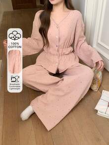 DAZY Sweet Polka Dot Allover Print Chiffon Fabric Lace Trim Women Pajama Set - Pink - View 6