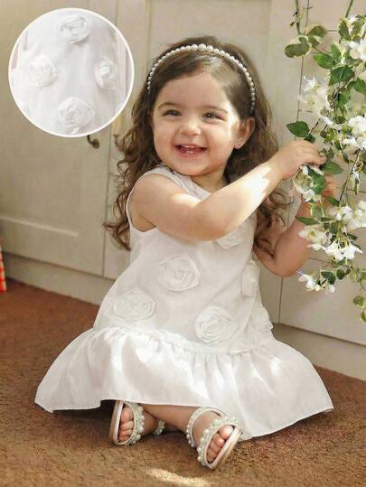 1件装幼儿女童舒适时尚优雅纯色圆领无袖连衣裙，下摆拼接玫瑰花卉图案面料，柔软基础款，适合夏季外出、旅行、上学、度假、聚会、日常穿着。