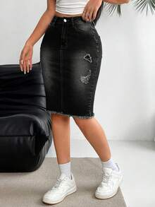 EMERY ROSE Button Front Pocket Distressed Fringed Casual Denim Skirt - Black - View 3