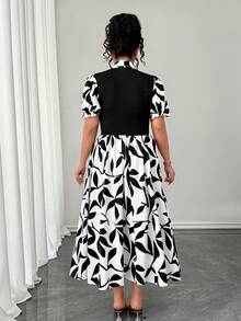 SHEIN Elenzya Plus Size 2 In 1 Floral Print Patchwork Short Sleeve Dress,Shirt Collar,Summer Leaf Print Retro Midi Button Dress,Black And White,Elegant,Tea Party - Black - View 2