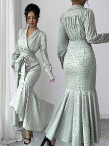 Selianne Damen Polka Punkt Muster Wickel Binde Elegant Langarm Kleid - Grün - Übersicht 1