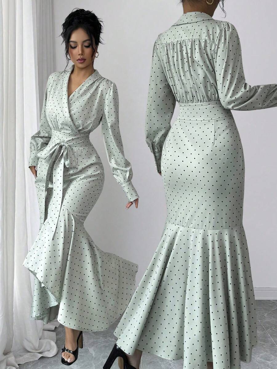 Selianne Damen Polka Punkt Muster Wickel Binde Elegant Langarm Kleid - Grün - Übersicht 1