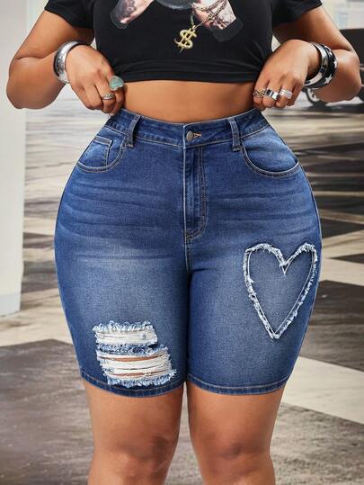 Slaydiva Spring Plus Size Women Cowgirl Style Blue Stretch Heart Embroidered Distressed Shorts Denim, Summer