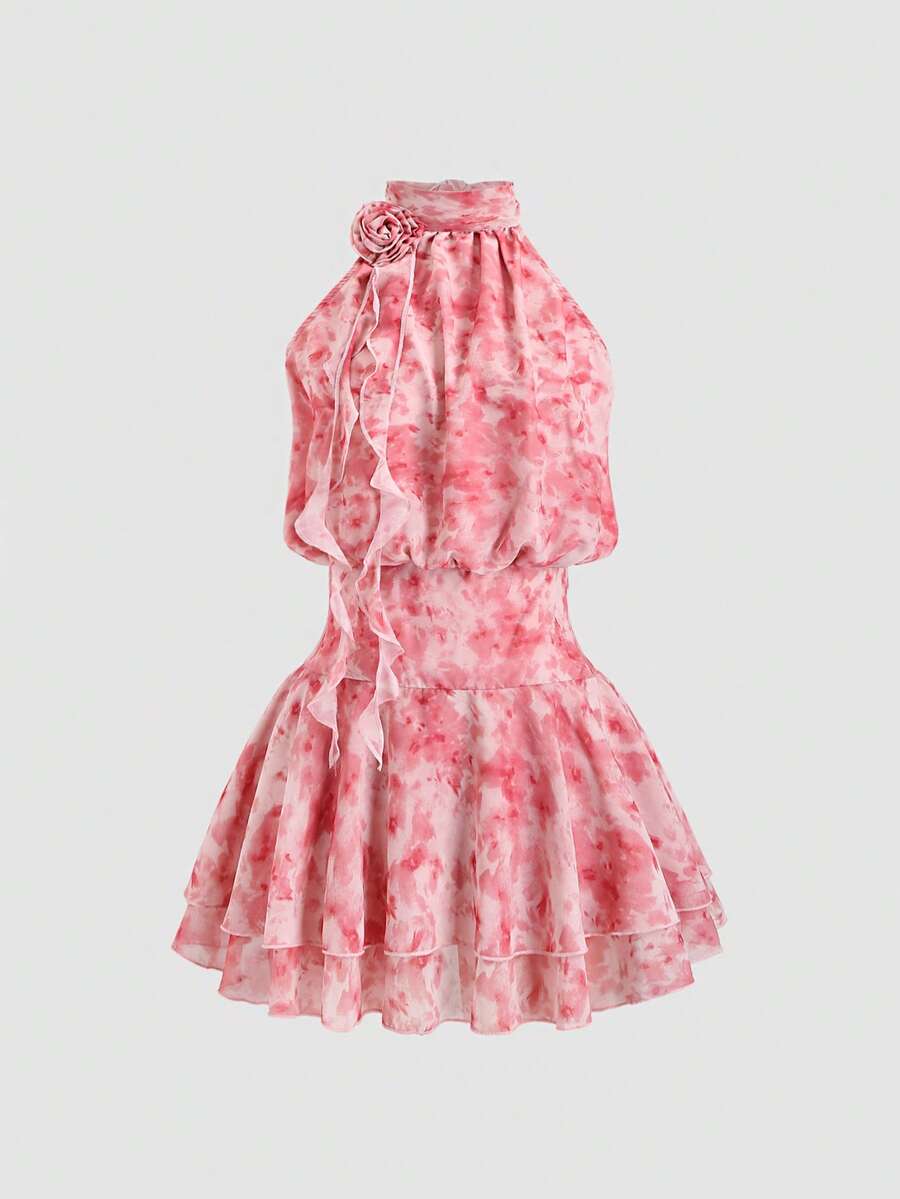 Sweetra Đầm mini nữ Xuân/Hè kiểu Pháp màu hồng ngọt ngào in họa tiết hoa hồng, chất liệu chiffon, hở lưng, thích hợp cho kỳ nghỉ. - Hồng - Xem 1