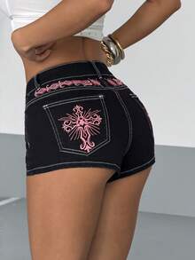 StreetHx 女士夏季休闲时尚街头风日常通勤十字绣撞色缝线牛仔短裤 - 黑色 - 查看 6